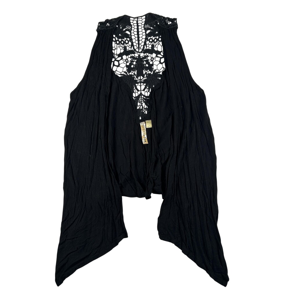 Eyeshadow Vest Womens Medium Black Lace Back Open Front Boho Draped Kimono